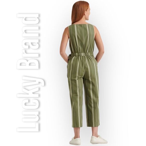 Lucky Brand Daisy Jumpsuit Green Striped V-neck Wide Leg Cropped Pant Women’s XS - Picture 2 of 16